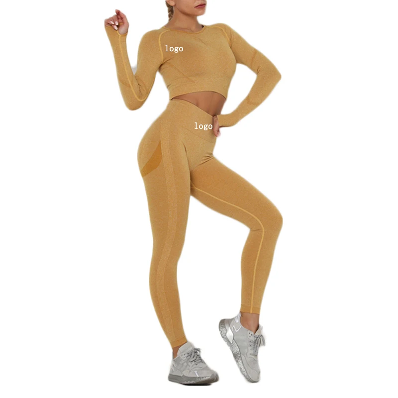 Women Seamless Yoga Set Gym Clothing Fitness Leggings Cropped Shirts Sport Suit Long Sleeve Tracksuit Active Wear | Спорт и