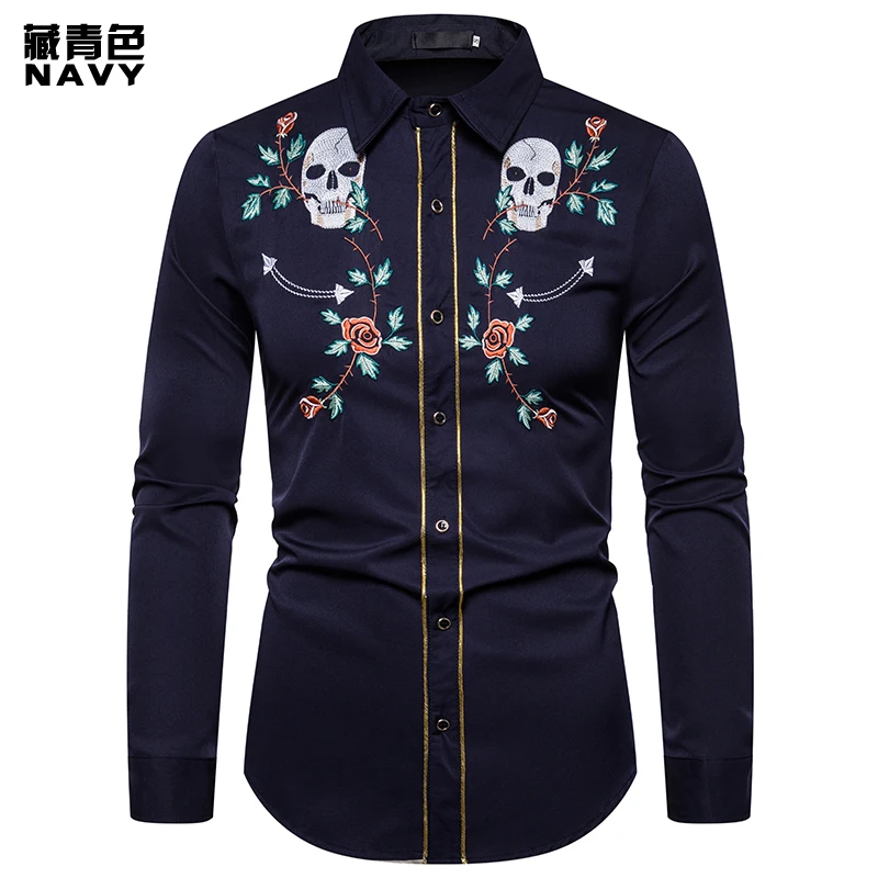 3 Navy Shirt Брендовая мужская рубашка высокого качества с вышивкой черепа, рубашка, приталенная Повседневная ковбойская рубашка с длинными рукавами, европейские размеры, рубашки размера XXL - Цвет: 3 Navy Shirt
