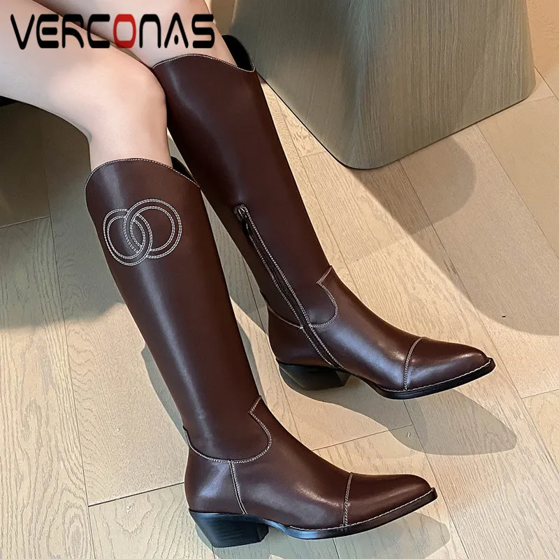 

Классические модные женские сапоги до колена VERCONAS, осенне-зимние теплые сапоги из коровьей кожи, базовая брендовая элегантная женская обув...