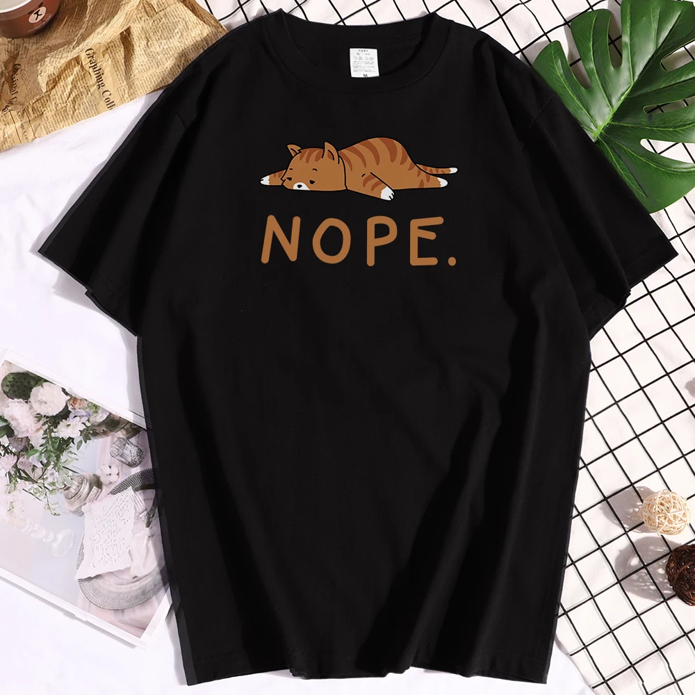 

NOPE Lazy Cat Lying On His Stomach Print T-shirts Mens Clothes Vintage Trip Short Sleeves Loose Soft Men Tshirts