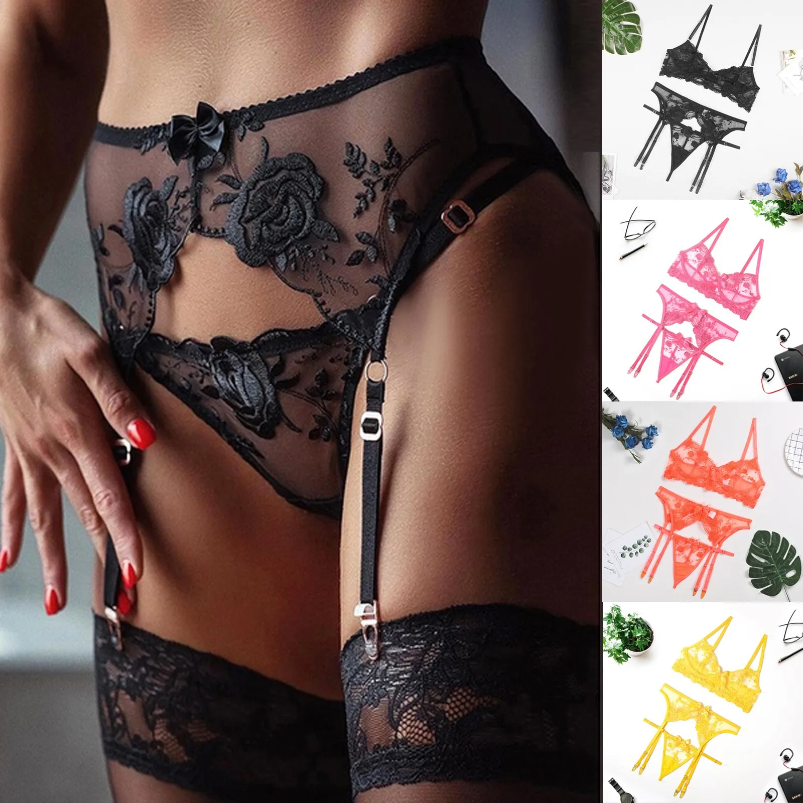 

Tempting Sexy Lingerie Set Women Solid Color Transparent Bra Thong Garter Ladies Sexy Underwear Valentines Night Erotic Costumes