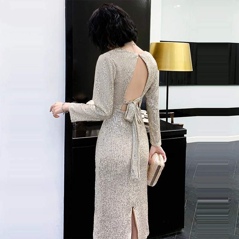 

Evening Dresses V Neck Gold Shining Sequined Evening Gowns 2020 Full Sleeve Tea-Length Split Formal Dresses robe de soiree K074