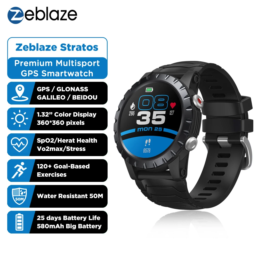 

New 2021 Zeblaze Stratos Sports Smart Watch gps GPS GLONASS GALILEO Heart Rate SpO2 VO2max Stress 25 days Battery Life WR 5 ATM