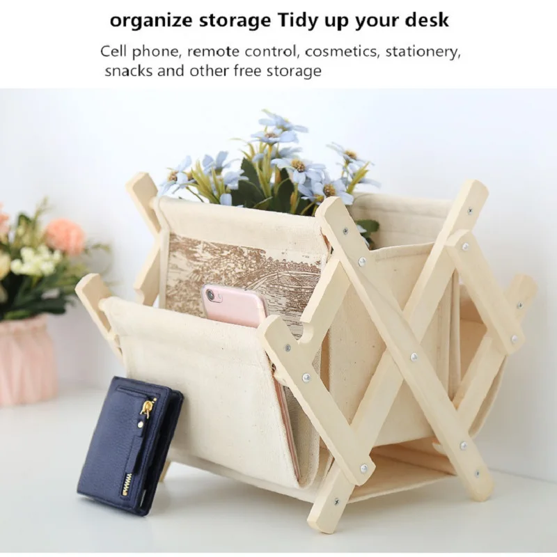 

Creative Desktop Remote Control Storage Box DIY Scrapbooking Stationery Storage Basket Folding Fabric Solid Wood Storage Basket