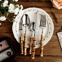 new 1624pcs stainless steel tableware creative bamboo handle including fork knife spoon cutlery set gold utensils for kitchen