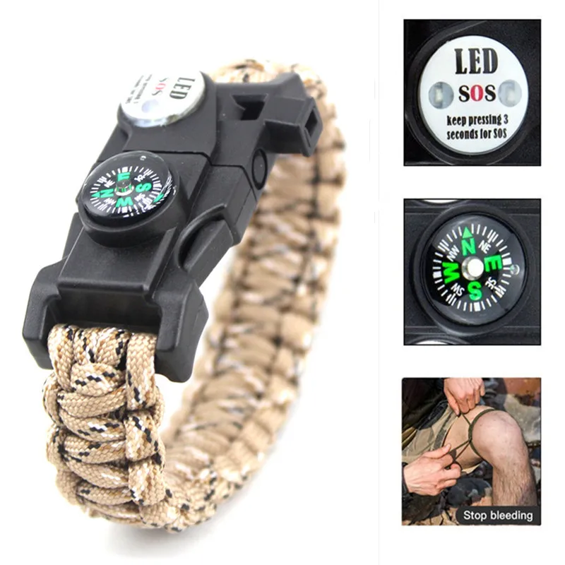 

Survival Bracelet SOS LED Light 4mm Paracord Braided Rope Men Women Camping Outdoor Tools Emergency Compass Whistle