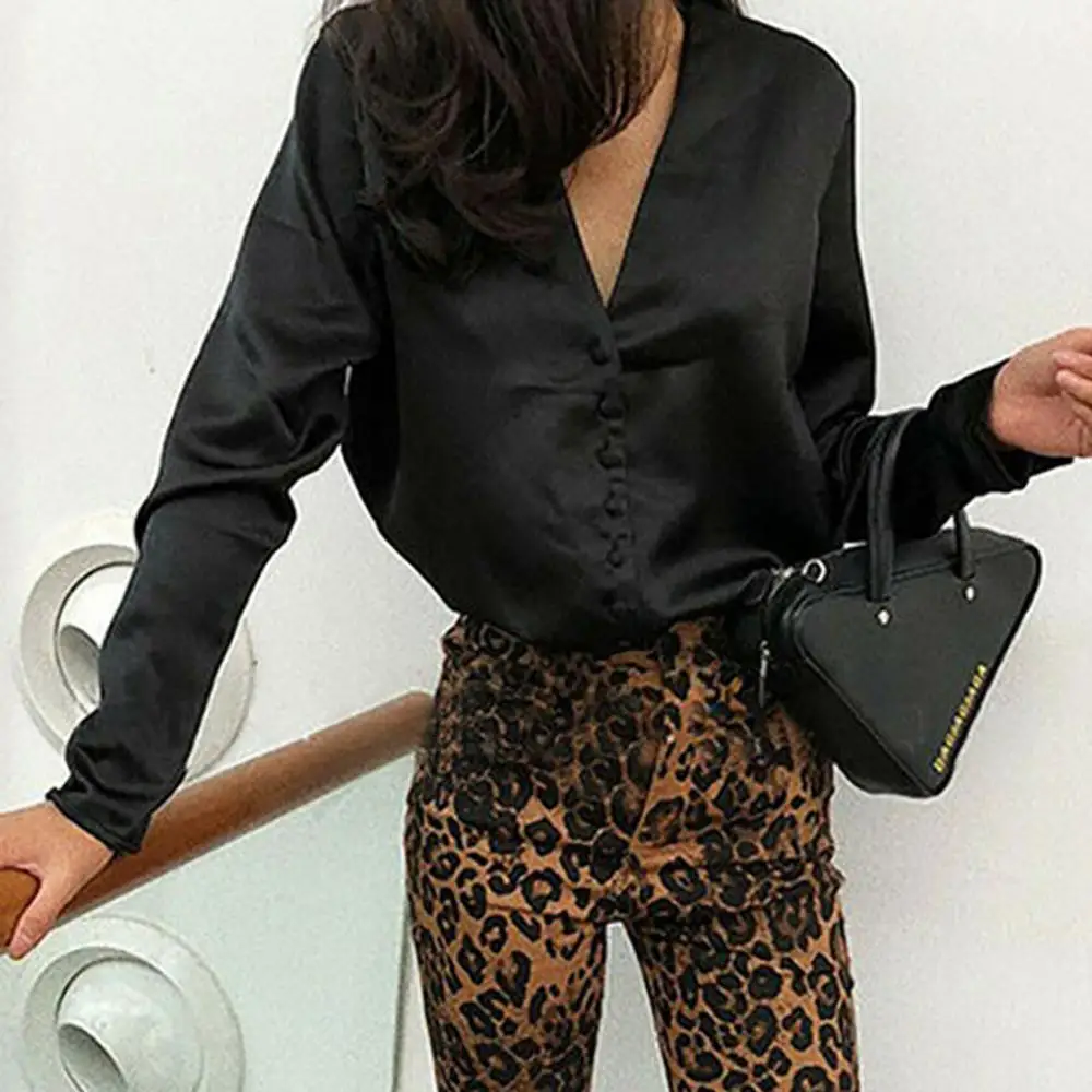 Женская шелковая блузка белая винтажная с длинным рукавом и v образным вырезом