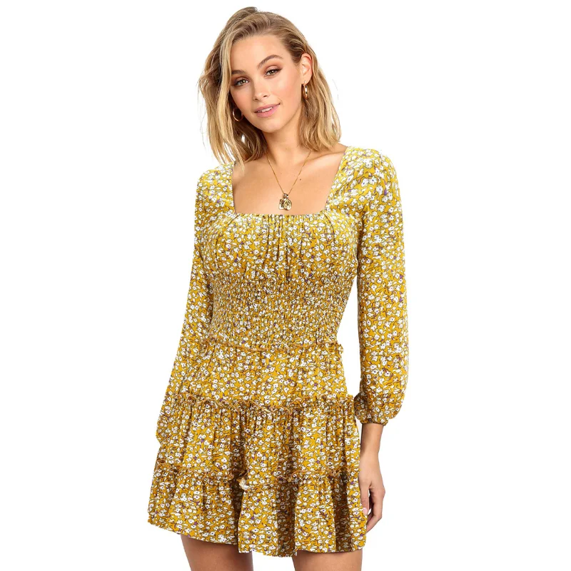 

Spring Autumn Women's Dress Chiffon Fashion Long Sleeve Dot Print Square Collar Temperament Slimming Vintage Female Mini Dress