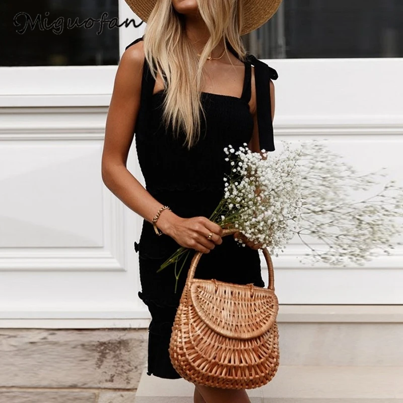 

Miguofan Mini Dresses Women Ruffles Elastic Bow Sleeveless Ladies Sexy Party Bodycon Dresses Vestidos Female Summer