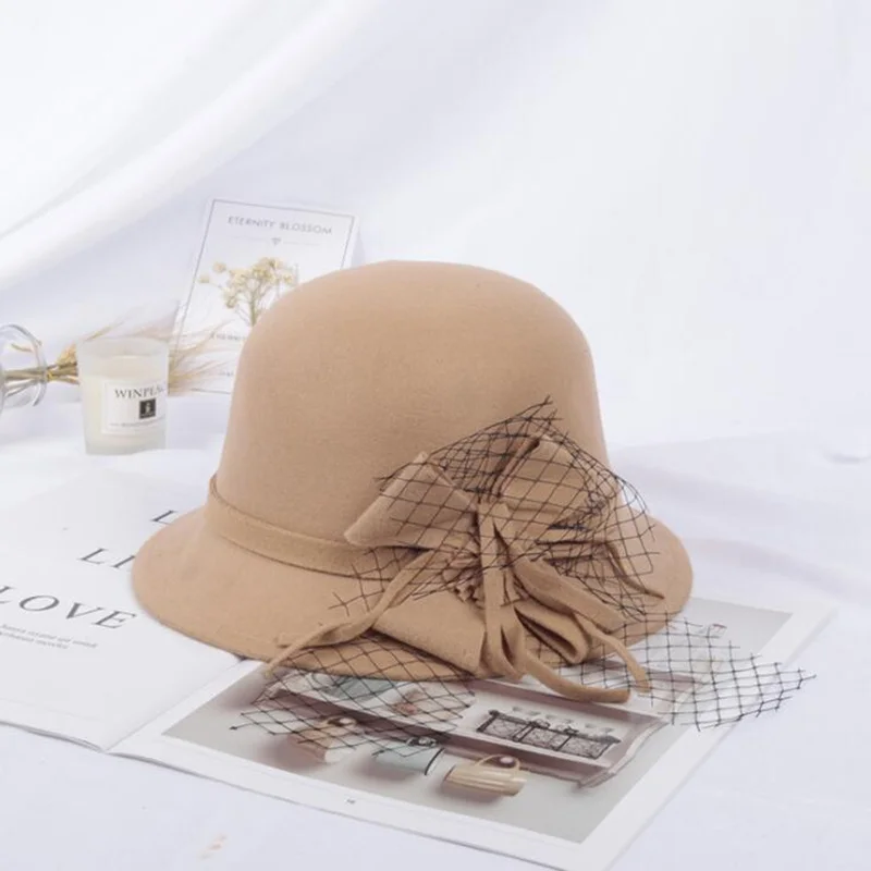 Новая Винтажная шляпа-колокол из искусственной шерсти с сетчатым бантом |