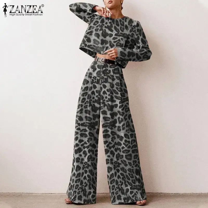 

Elastic Waist Trouser Leopard Printed Matching Sets Women Casual Long Sleeve Top ZANZEA Elegant Wide Leg Pant Sets Oversize 2PCS