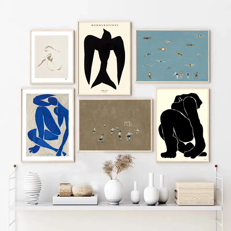 Винтажные абстрактные фигурки птицы Парижские линии Плакат футбол плавание