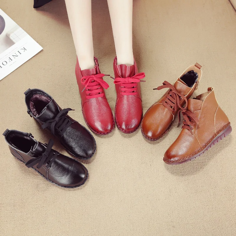 

BEYARNEFashion Winter Flat Boots Genuine Leather Ankle Vintage Shoes Casual Shoes Brand Design Handmade Women Boot With Big Size