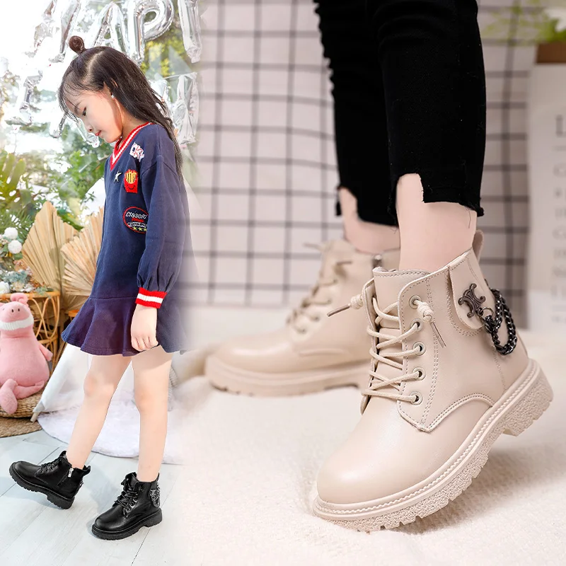 

New Style Children's Chain Decoration Casual Sports Martin Boots Convenient Zipper Girls Leather Comfortable Non-Slip Sneakers