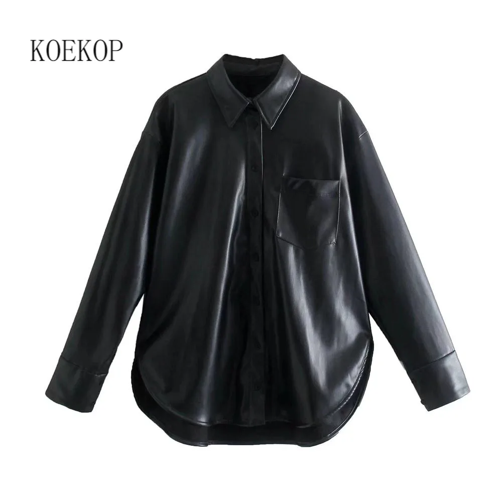 

Koekop Women Fashion Faux Leather Shirt Single Breasted Long Sleeves Lapel Collar Vintage Chic Lady PU Jacket Tops Woman