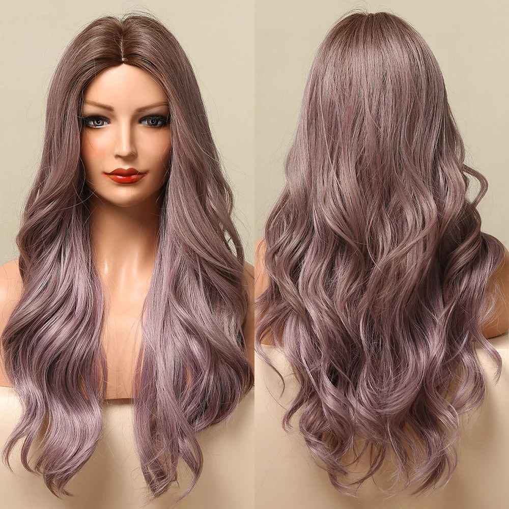 

ALAN EATON Ombre Brown Purple Long Wavy Synthetic Wigs for Women Natural Middle Part Cosplay Party Lolita Heat Resistant Hair