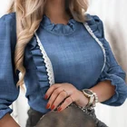 Женская Джинсовая блузка, с рюшами, с длинным рукавом, с круглым вырезом