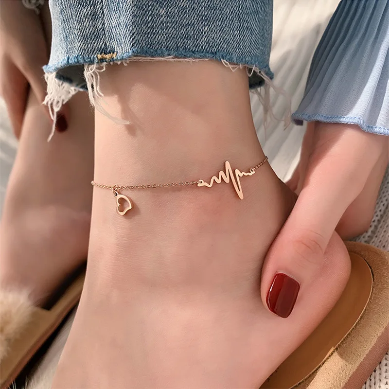 

Boho Heart Anklet Heart Stainless Steel Rose Gold Color Ankle Bracelet Leg Chain ECG Anklets for Women Ankle Beach Foot Jewelry