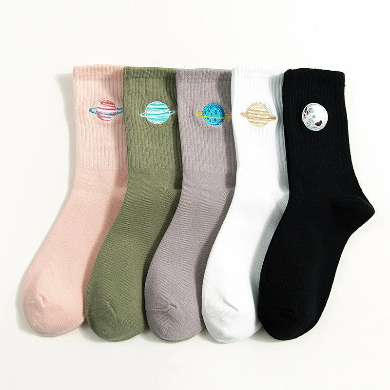

2021 Embroidered Cartoon Planet Space Universe Cotton Women Cute College Funny Socks Ankle Happy Candy Kawaii Winter Warm Socks