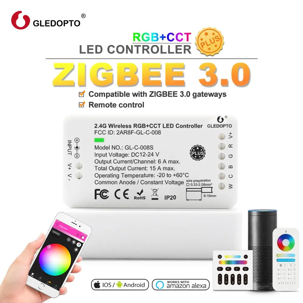 Zigbee пульт дистанционного управления RGB WW/CW Светодиодный контроллер DC12/24 В светодиодный контроллер для управления полосами умный голосовой контроль работа с amazon echo plus светодиодный