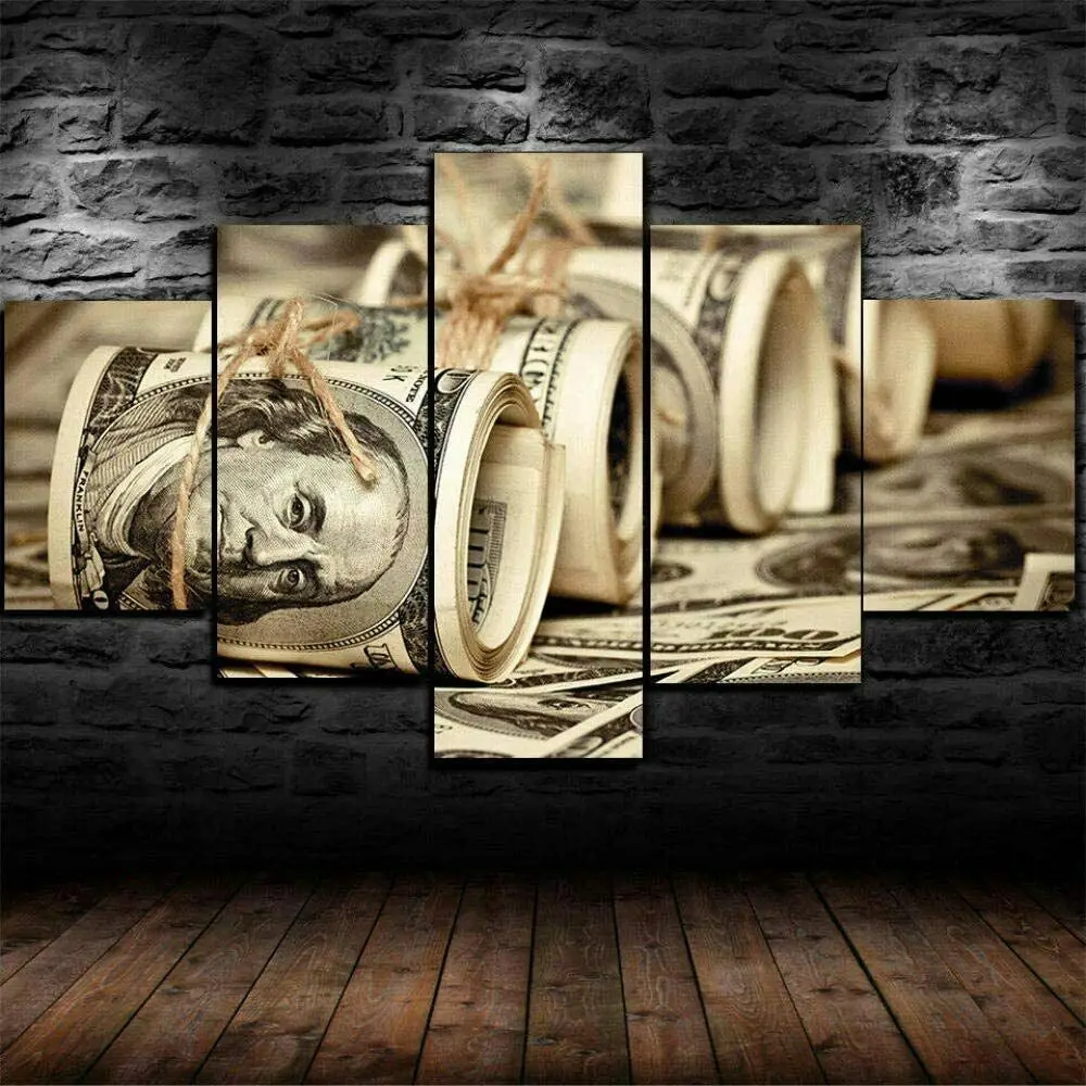 

No Framed 100 Dollars Banknotes Money Roll 5 Panel Canvas Picture Print Wall Art Canvas Painting Wall Decor for Living Room