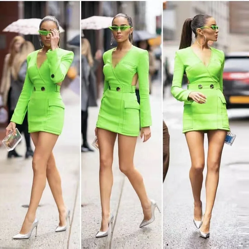 Модное ФЛУОРЕСЦЕНТНОЕ зеленое платье на пуговицах с длинным рукавом и V образным