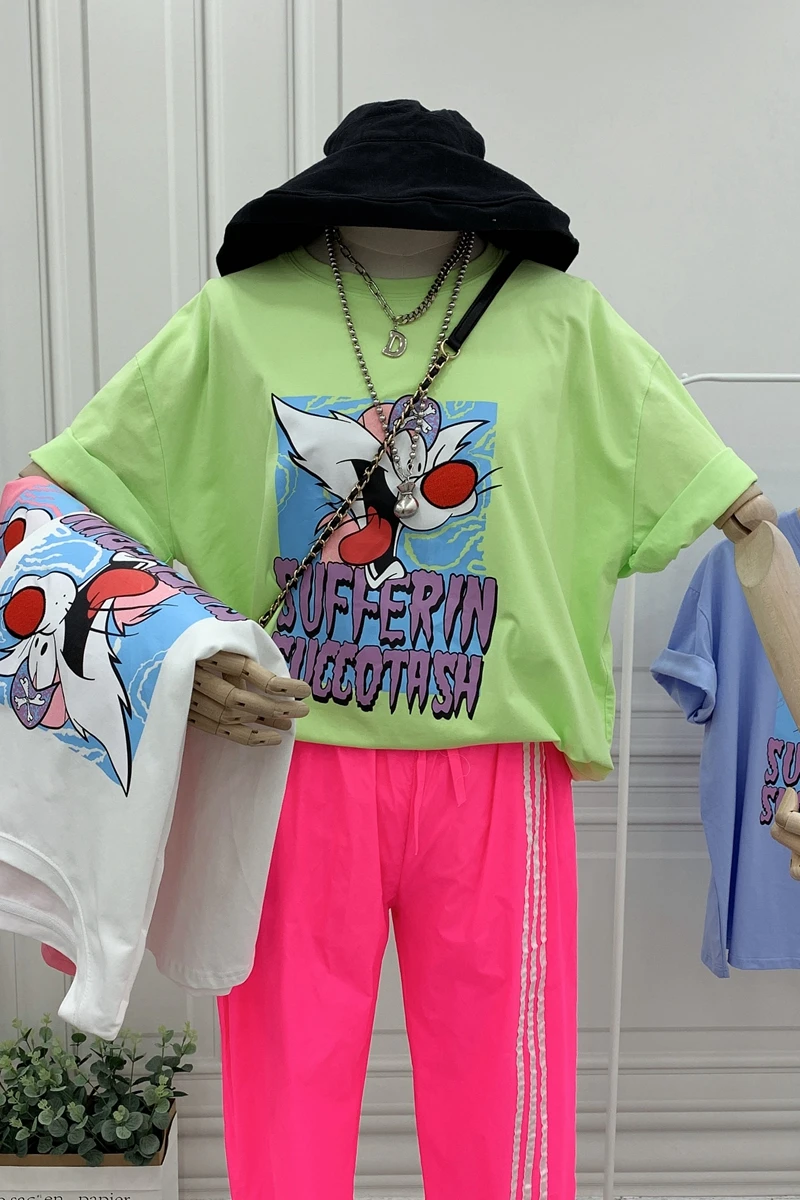 

Korean Cartoon Short Sleeve T-shirt Women's Loose Student Plus Mid-Length Cute Summer T-shirt for Women Graphic T Shirts Tops
