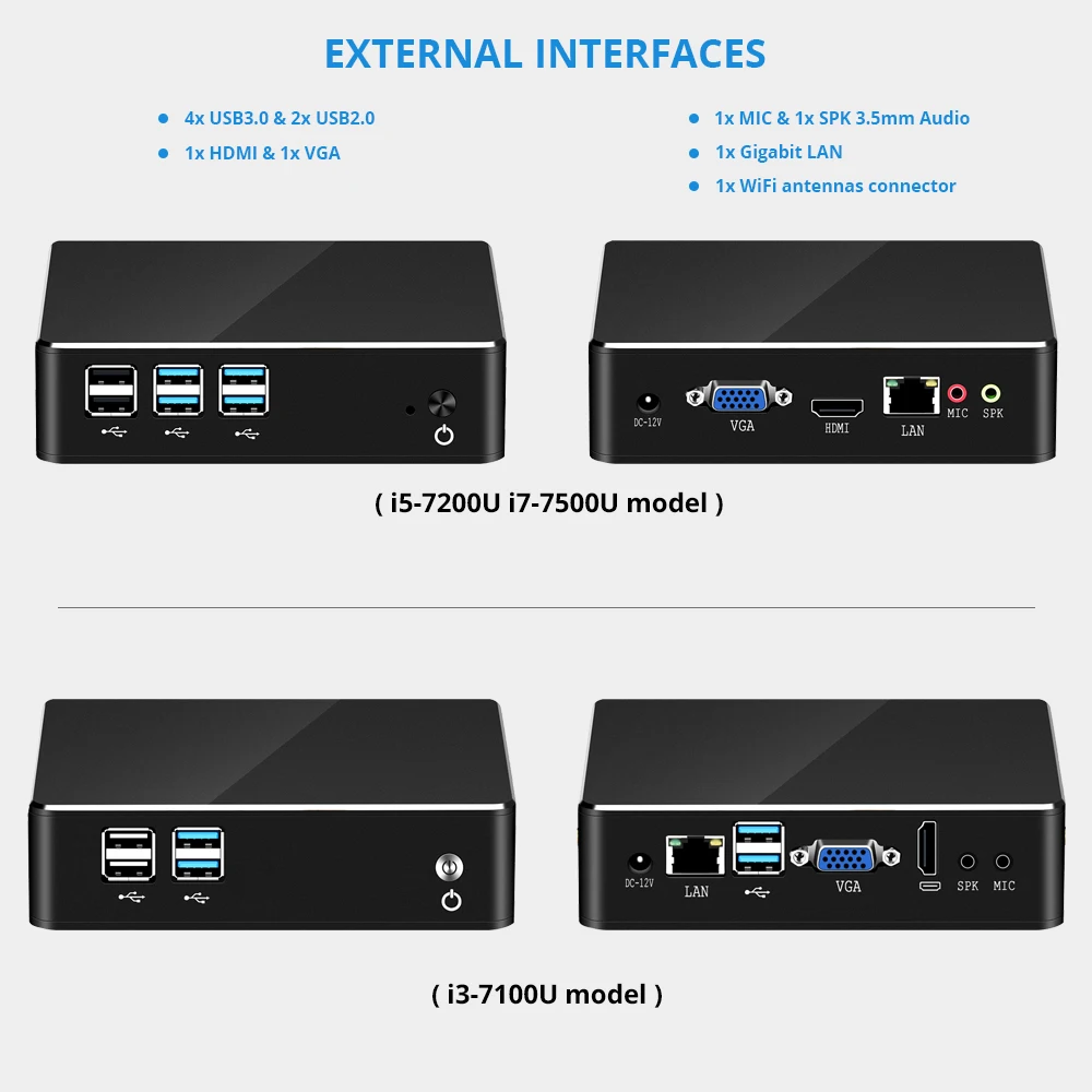 Мини ПК Intel Core i7-7500U Windows 10 8GB ram 480GB SSD HDMI VGA 4K UHD 300M WiFi Gigabit Ethernet 6* USB неттоп NUC