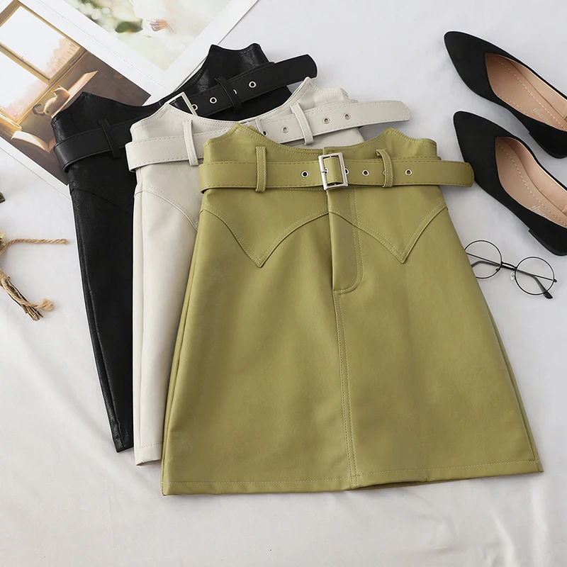 

New autumn Black A-Line PU Leather Skirt For Women High Waist Office Wear Skirts Female short Skirt with Belt