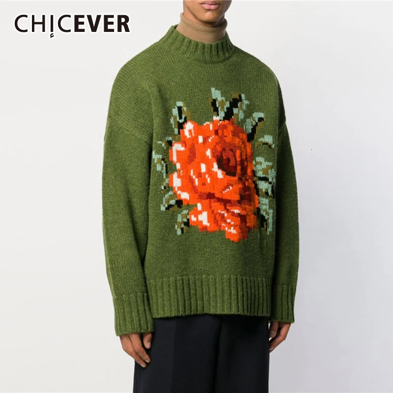 CHICEVER вязаный свитер с принтом для женщин круглый вырез длинный рукав свободный