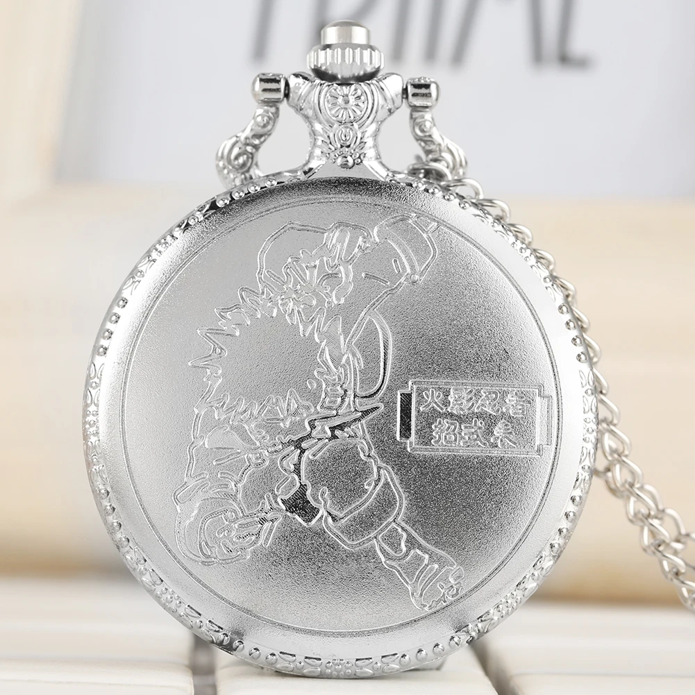 Silver Anime Pocket Clock Man's Retro Bronze Quartz Pocket Watch White Roman Numeral Dial Boys Fashion Leather Pendant Gift Box