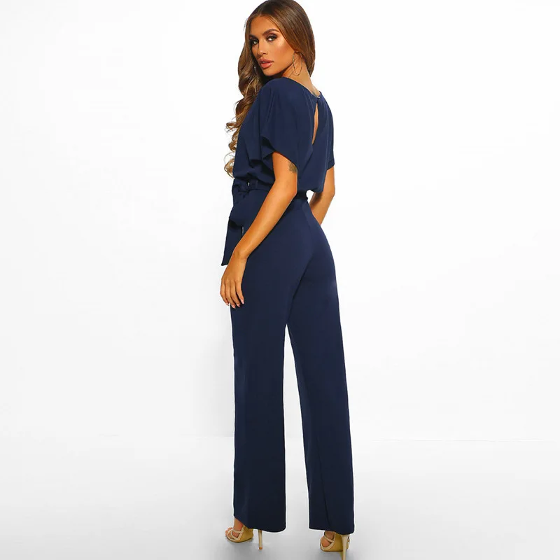 

Office Lady Pure Color Long Women Rompers With Belt 2021 Slim-Fit Lace-Up Jumpsuit Casual Short Sleeve Overall Combinaison Femme