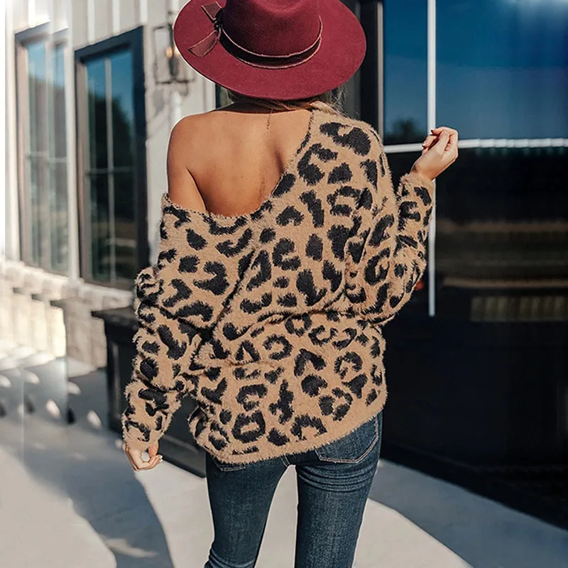 Elbru Женский свитер с леопардовым принтом зимний Повседневный вязаный пуловер