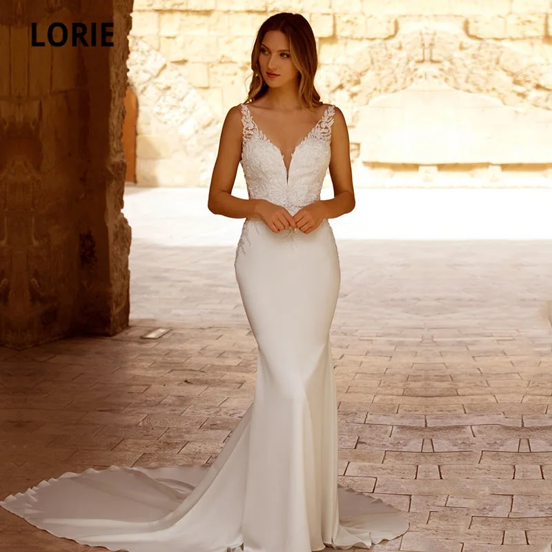Lorie Boho Abiti Da Sposa Scollo A V Appliques Di Pizzo Chiffon Elastico Bianco Backless Sirena Abito Da Sposa Country Suknia Lrlgbt Na