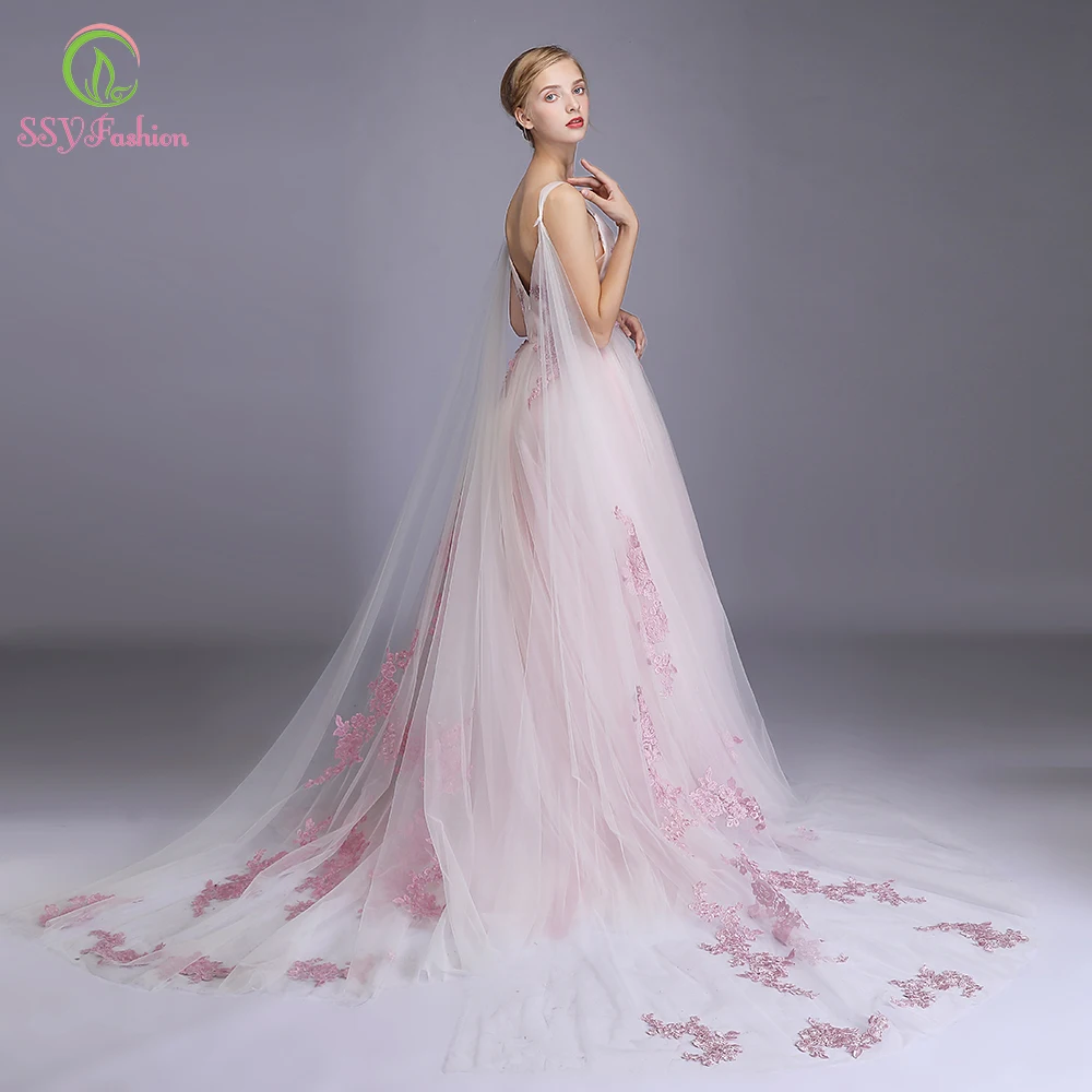 SSYFashion новые милые розовые вечерние платья романтические кружевные аппликации v-образный вырез длина до пола Длинные вечерние платья Vestido De Noche