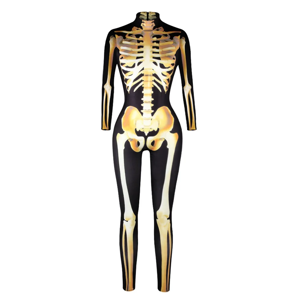 

2020 Halloween Adult Skeleton Print Costumes For Women Long Sleeves Collar Neck Rompers Womens Scary Devil Witch Women