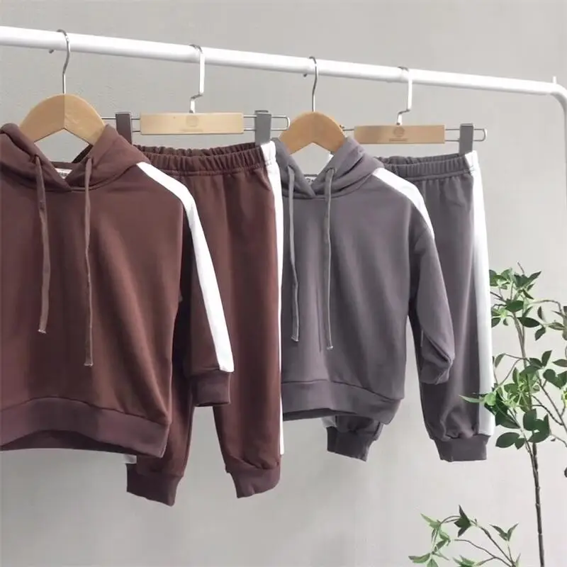 

Autumn Winter Children's Suit Korean Version Contrast Color Edging Boys Girls Sweater Trousers Baby Hooded Leisure Two-Piece Set