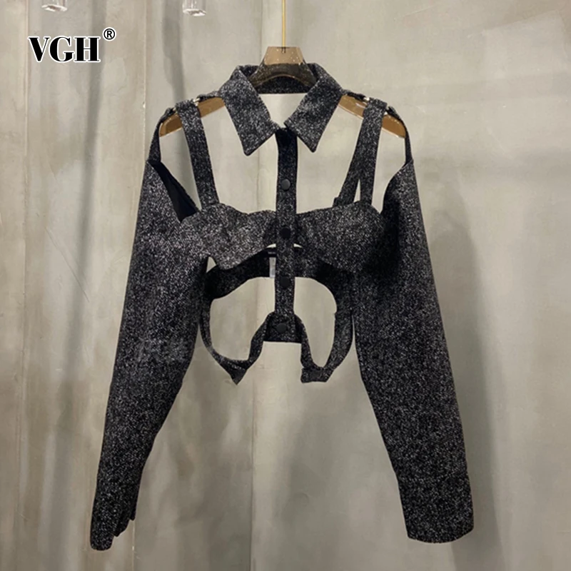 

VGH Solid Straight Blouses For Women Lapel Long Sleeve Hollow Out Loose Designer High Street Shirts Female 2021 Spring Clothing