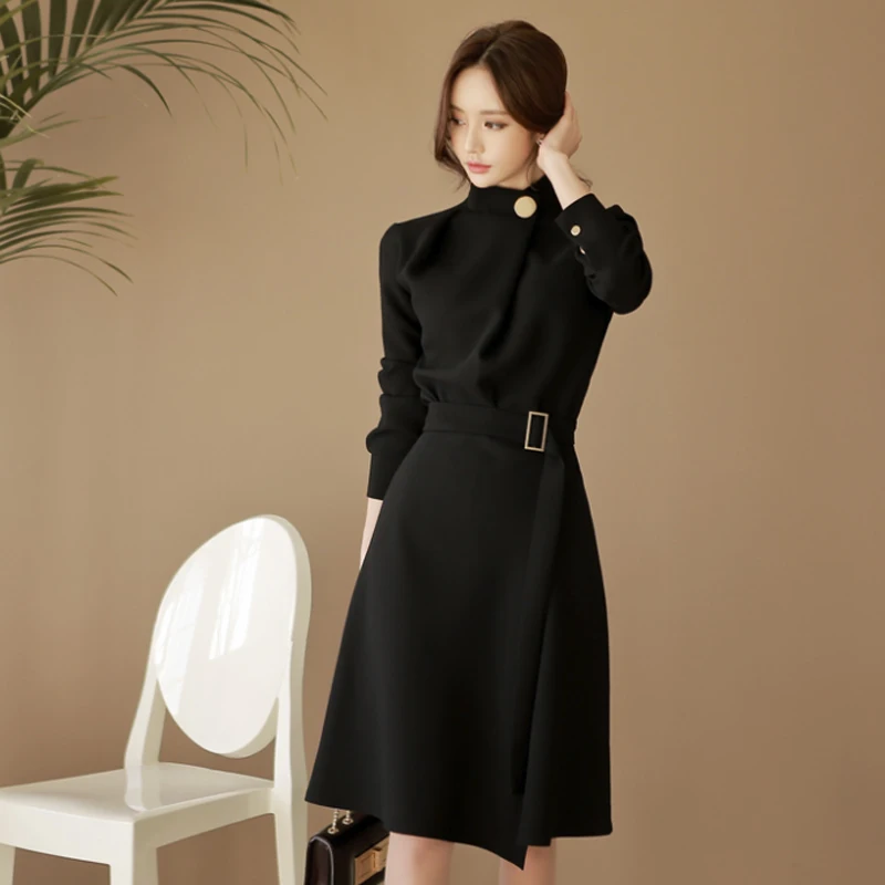 Элегантный воротник стойка сексуальные рабочие платья женские форменные пояса