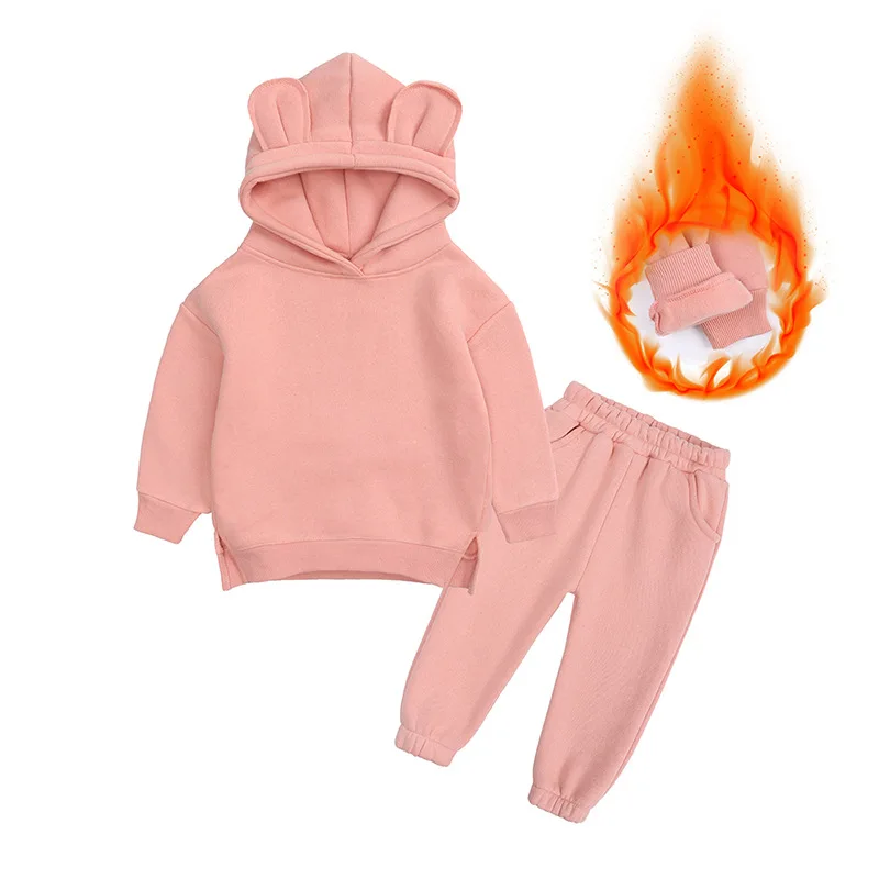 

2021 Children Tracksuit Sets Winter Warm Kids Boy Girls Cute Ear Hoodies Sweatpants 2PCS Infant Baby Casual Fleece Clothing Sets