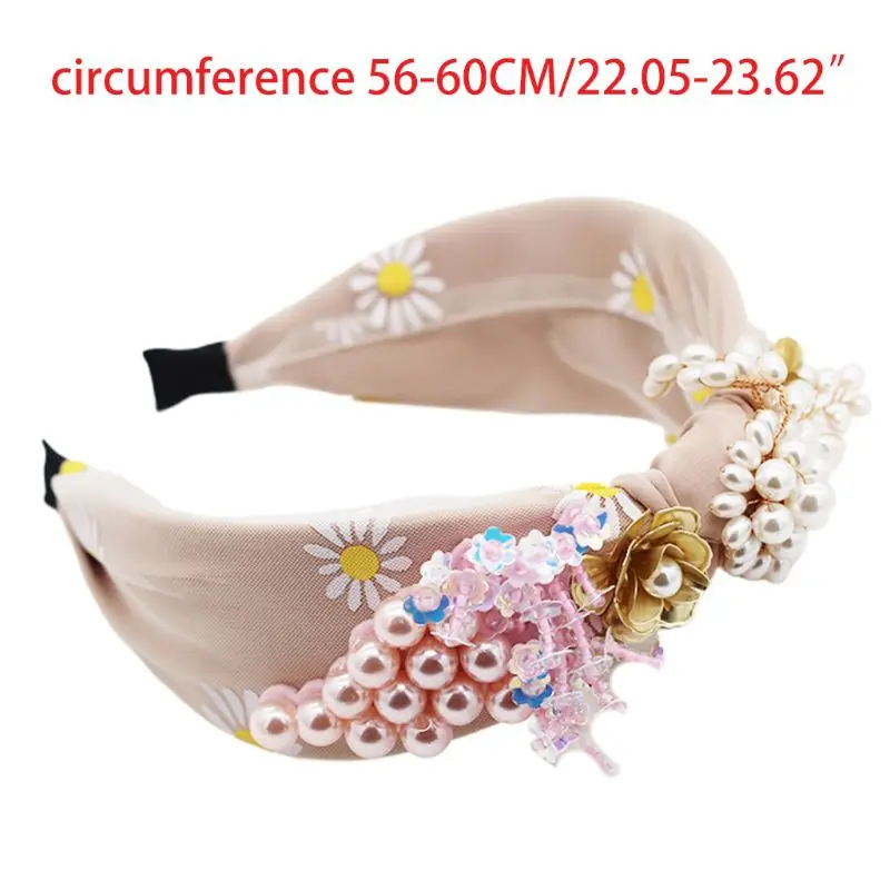 

Women Sweet Daisy Headband Imitation Pearl Beaded Floral Hair Hoop Sequins Tassels Twist Knot Headwear