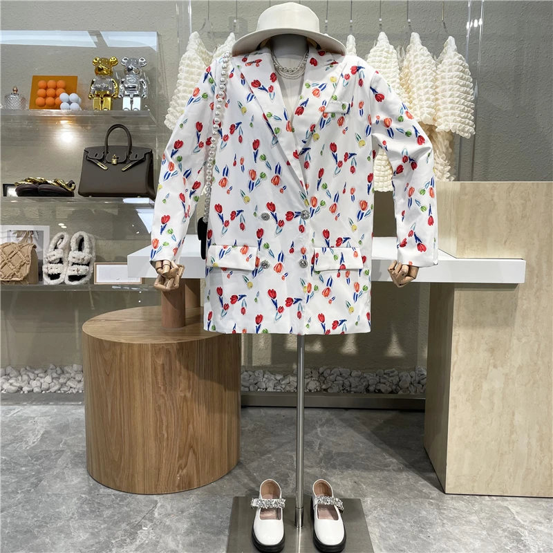 

New Brand Original Design Stylish Chic Diamond Button Oil Painting Flower Print Blazer Style Versatile Loose Medium Length Coat