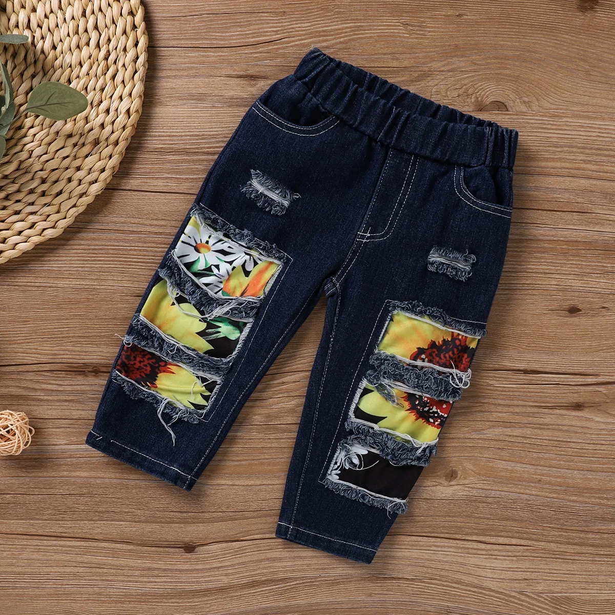 

2021 Fashion Kids Girls Clothes Sets 3pcs Sunflowers Print Long Sleeve Ruffles Dress Tops Denim Pants Headband 0-5Y