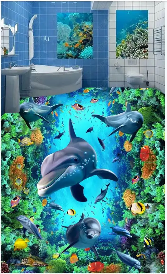 

Custom Picture Self-adhesive Flooring wallpapers Wall Sticker Underwater World 3D Dolphin Floor mural Painting wall papers