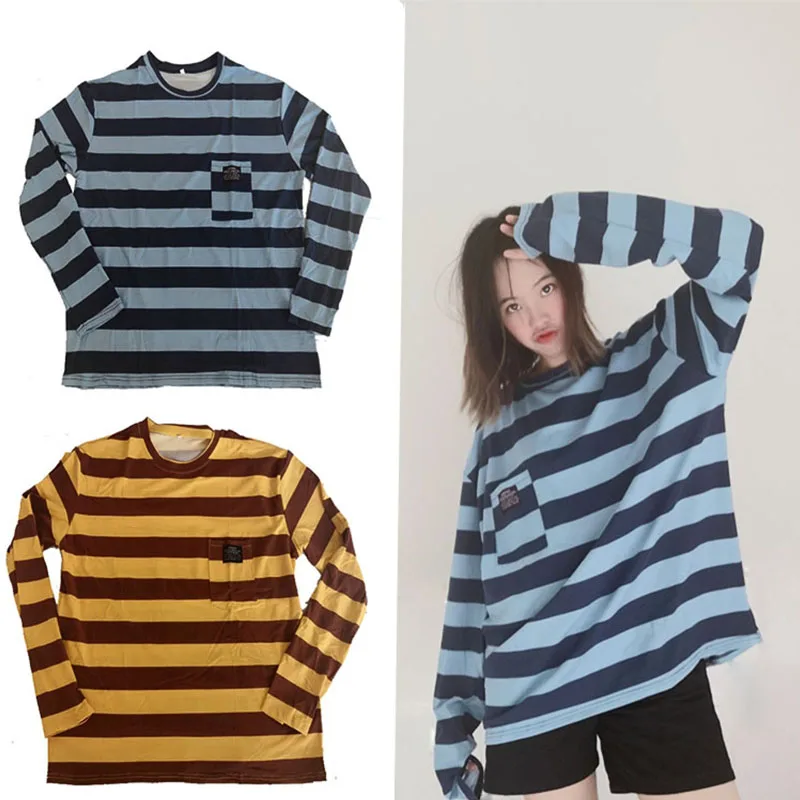 Полосатые женские футболки свободные топы с длинными рукавами в стиле хип хоп