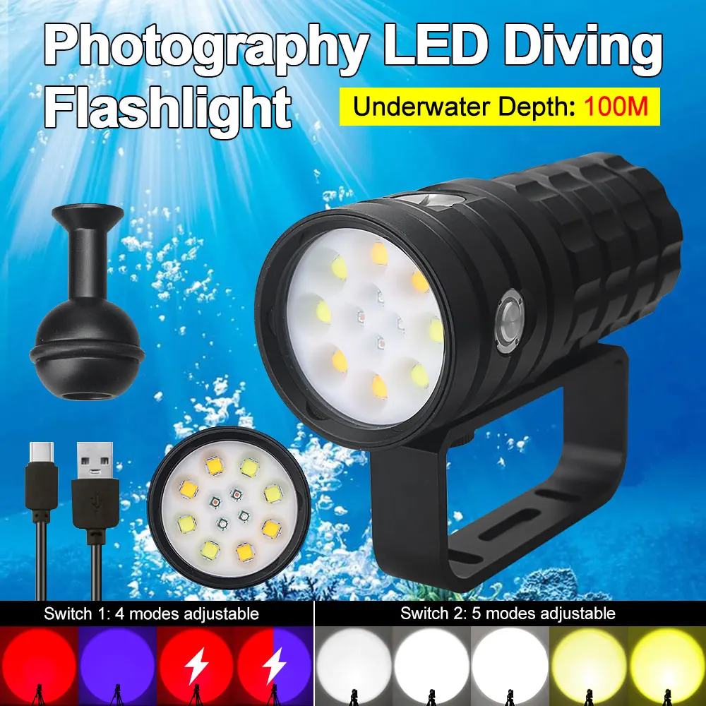 25000Lumens Flashlight Diving Flashligh 8 XHP50High Power Led Fashlight Underwater Video Diving IPX8 Waterproof Rechargable Lamp