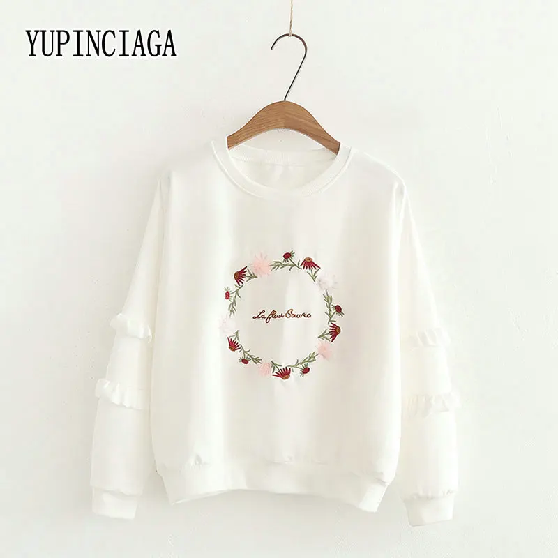 

YUPINCIAGA, Женская Новинка 2020, вышитая гирлянда, длинный рукав, милый, Круглый ворот, толстовка, кружевной рукав, Свободный Топ, теплый, милый, кавайный пуловер
