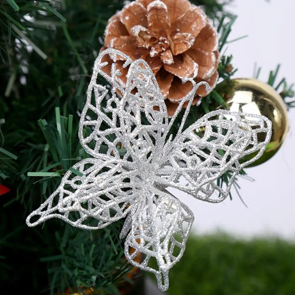 

10pcs Christmas Artificial Butterfly Pendant Christmas Tree Wreath Embellishment Baubles Wedding Festival New Year Decorations