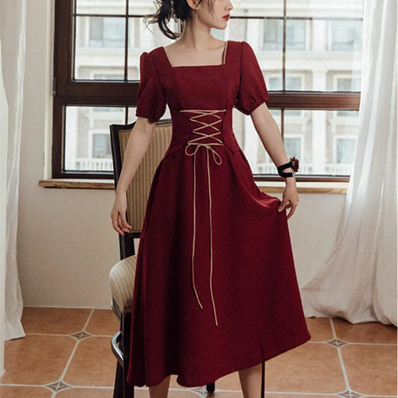 

Женское платье с пышными рукавами, красное вечернее праздничное платье макси в стиле ретро, лето 2021