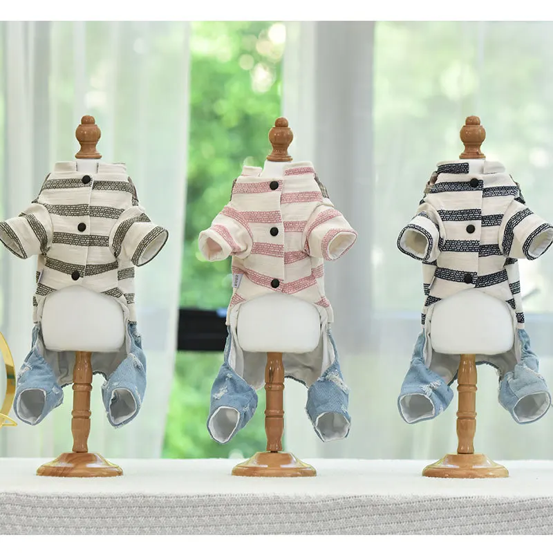 Pink Blue Green Colors Four Legs Warm Cotton Padded Dog Clothes for Autumn and Winter Puppy Pet Striped Thicken Jumpsuit | Дом и сад